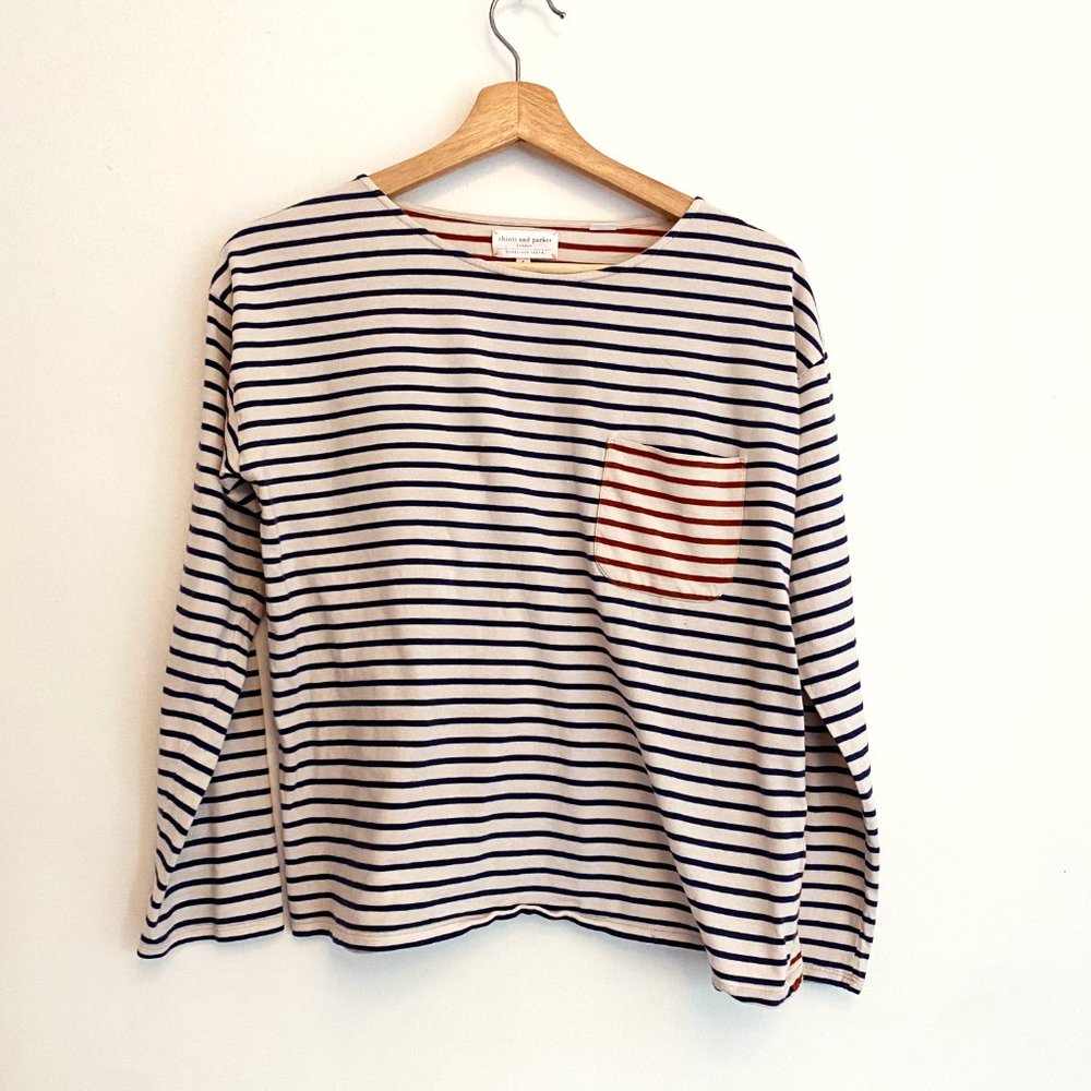 Chinti & Parker | Stripe Cotton Long-Sleeve Pocket Crewneck Tee | Small